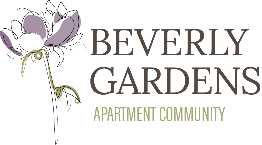 A logo for Beverly Gardens Apartment Community with a flower.